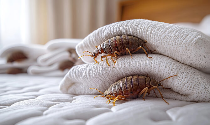 Bed bugs on bedding — bed bug elimination in Tulsa bedrooms by Joy Pest Controls