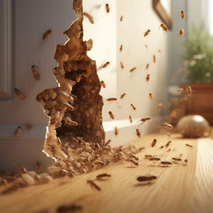 Termites invading a Tulsa home through damaged wood — the kind of infestation Joy Pest Controls stops
